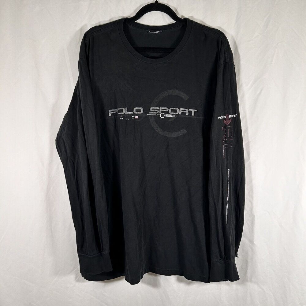 Vintage Polo Sport Shirt Men's 2XL Black Graphic Print Long Sleeve Crew Neck